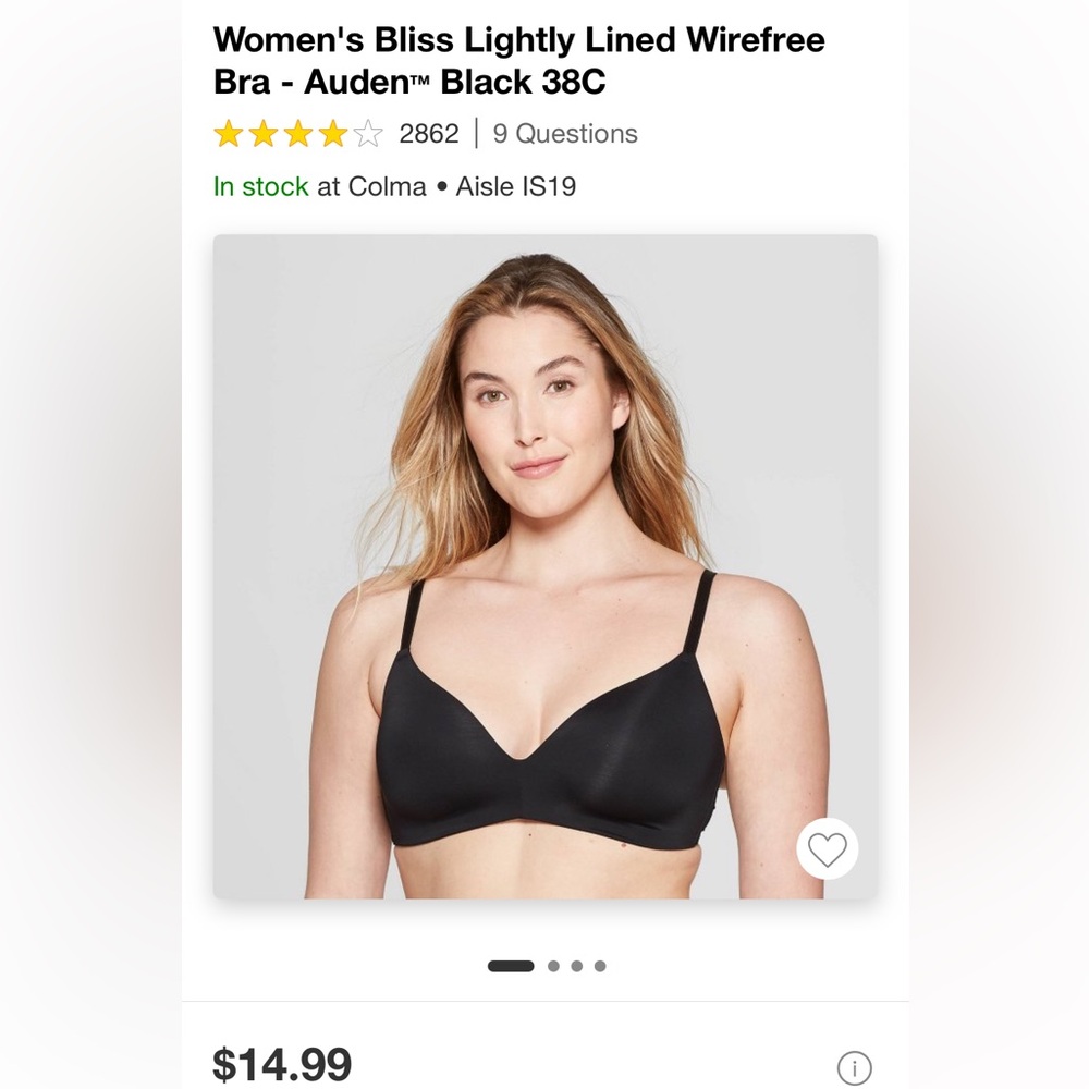 Women's Bliss Lightly Lined Wirefree
Bra - Auden™ Black 38C